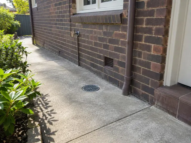 Concrete side path with a round drain grate beside a brick house wall in Cammeray